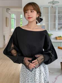 DAZY Lưới tương phản tay áo lá sen Cổ thuyền Áo chui đầu - màu đen - Xem 9
