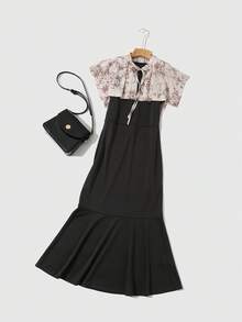 DAZY Solid Mermaid Hem Dress & Floral Print Cape - Black - View 7