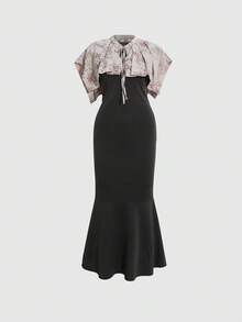 DAZY Solid Mermaid Hem Dress & Floral Print Cape - Black - View 8