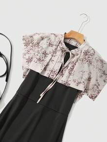 DAZY Solid Mermaid Hem Dress & Floral Print Cape - Black - View 9