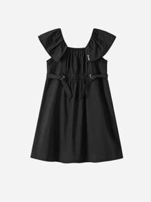 Young Girl Ruffle Trim Buckle Detail Smock Dress - Black - View 1