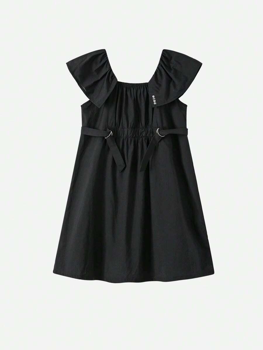 Young Girl Ruffle Trim Buckle Detail Smock Dress - Black - View 1