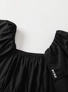 Young Girl Ruffle Trim Buckle Detail Smock Dress - Black - View 5