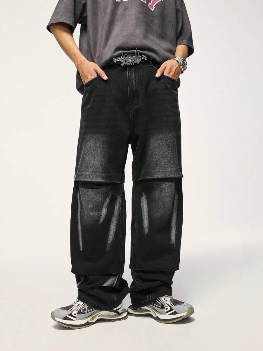 INFLATION Männer Jeans mit geradem Beinschnitt, schrägen Taschen, - Schwarz - Übersicht 1