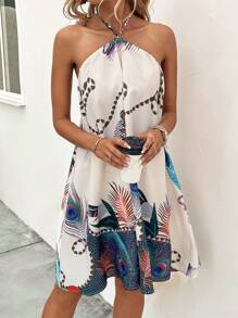 SHEIN Clasi 圖案印花繞頸露背洋裝 - 彩色 - 查看 1
