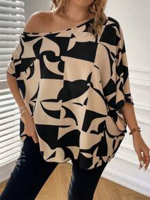 SHEIN Clasi Hơn In Toàn bộ tay cánh Cổ không đối xứng Áo sơ mi - Màu be - Xem 5