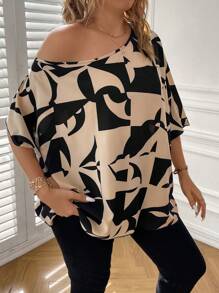 SHEIN Clasi Hơn In Toàn bộ tay cánh Cổ không đối xứng Áo sơ mi - Màu be - Xem 3