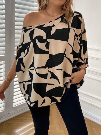 SHEIN Clasi 大碼滿版印花蝙蝠袖不對稱領襯衫