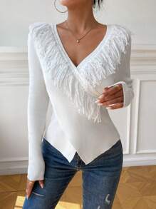 SHEIN Privé 流蘇邊交叉圍裹套頭毛衣 - 白色 - 查看 1