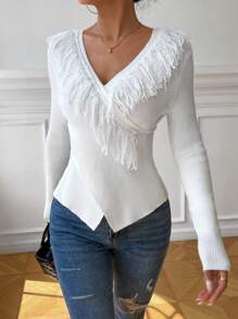 SHEIN Privé 流蘇邊交叉圍裹套頭毛衣 - 白色 - 查看 3