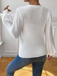 Chiquease Lantern Sleeve Button Front Ribbed Knit Cardigan Fall Cloth For Women - White - View 2