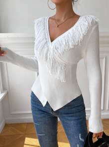 SHEIN Privé 流蘇邊交叉圍裹套頭毛衣 - 白色 - 查看 5