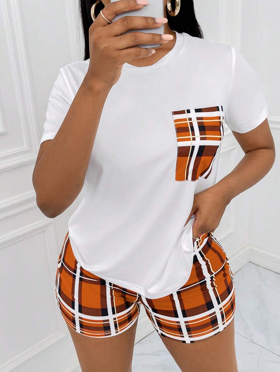 Slaydiva 休閒口袋格子女士兩件套 - 橘色 - 查看 1