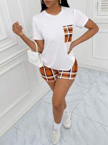 Slaydiva 休閒口袋格子女士兩件套 - 橘色 - 查看 3