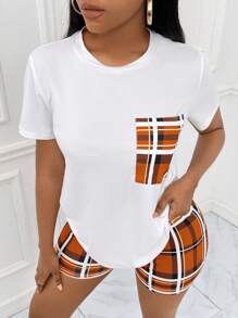 Slaydiva 休閒口袋格子女士兩件套 - 橘色 - 查看 5