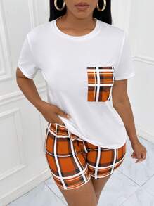 Slaydiva 休閒口袋格子女士兩件套 - 橘色 - 查看 6