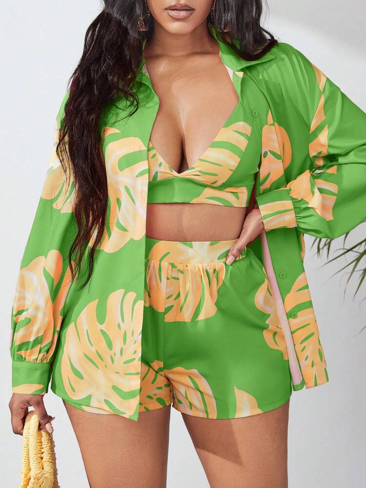 Tropical Print Drop Shoulder Blouse & Cami Top & Shorts