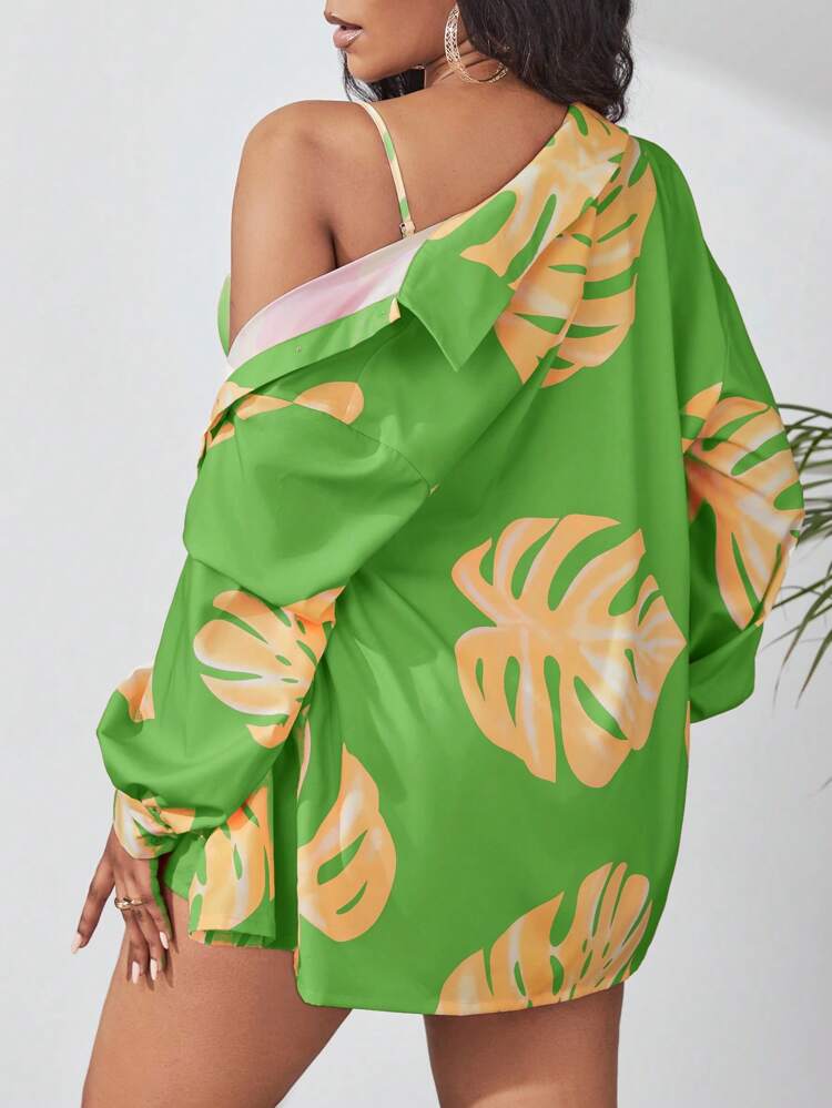 Tropical Print Drop Shoulder Blouse & Cami Top & Shorts