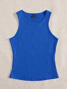 SHEIN EZwear Plus Solid Ribbed Knit Tank Top - Blue - View 4
