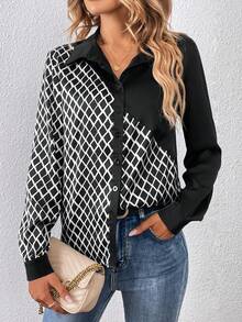 SHEIN Privé 菱形印花前紐扣襯衫 - 黑色 - 查看 3