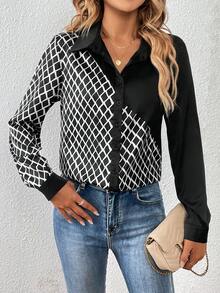 SHEIN Privé 菱形印花前紐扣襯衫 - 黑色 - 查看 6