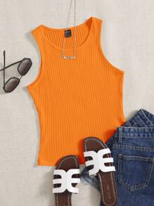 SHEIN EZwear 大碼素色條紋針織背心上衣 - 橘色 - 查看 1