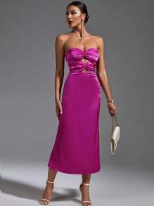 SHEIN Privé Mặt trước xoắn Cắt ra Xa ten Váy ống - Màu Hồng Tươi - Xem 3