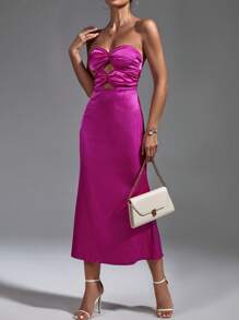 SHEIN Privé Mặt trước xoắn Cắt ra Xa ten Váy ống - Màu Hồng Tươi - Xem 4