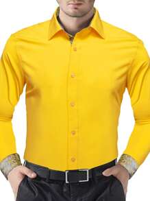 Men Solid Button Up Shirt - Yellow - View 1