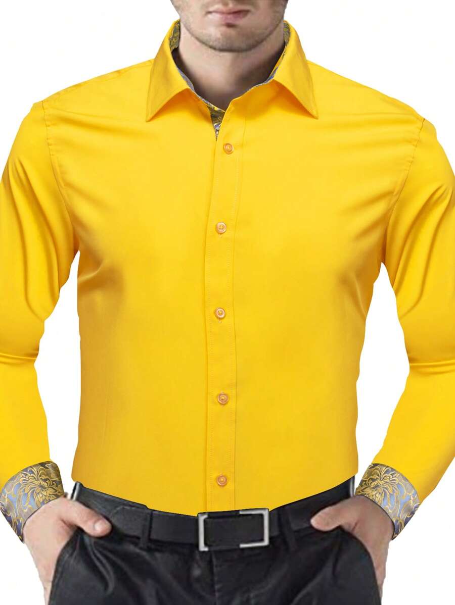 Men Solid Button Up Shirt - Yellow - View 1