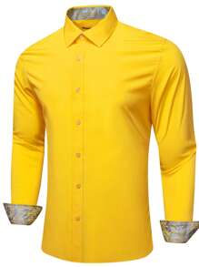 Men Solid Button Up Shirt - Yellow - View 3