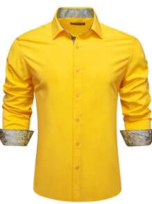 Men Solid Button Up Shirt - Yellow - View 5