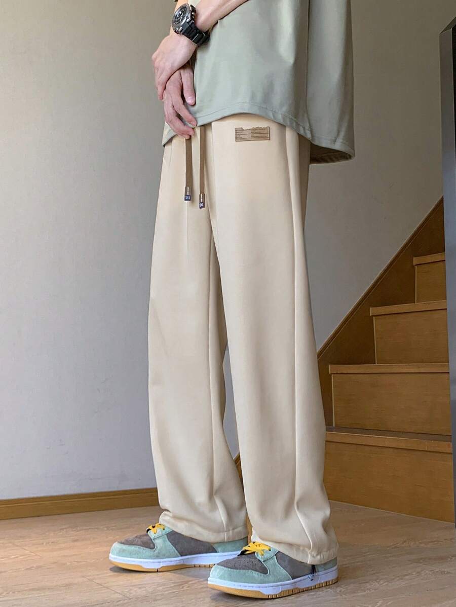 休閒抽繩 口袋字母 純色男士褲子 - 卡其色 - 查看 1