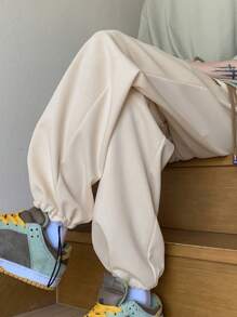 休閒抽繩 口袋字母 純色男士褲子 - 卡其色 - 查看 3