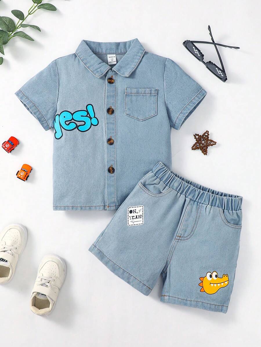 Young Boy Letter Graphic Denim Shirt & Shorts