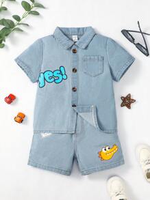 Young Boy Letter Graphic Denim Shirt & Shorts