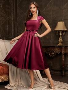 MUXXN 方領泡泡袖緞面連衣裙 - 酒紅色 - 查看 4