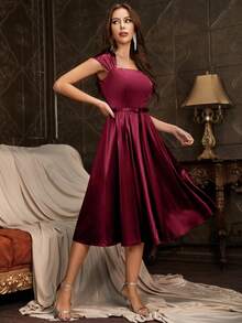 MUXXN 方領泡泡袖緞面連衣裙 - 酒紅色 - 查看 5