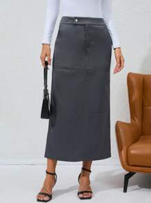 High Waist Slant Pocket Split Back Skirt - Grey - View 1