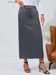 High Waist Slant Pocket Split Back Skirt - Grey - View 4