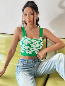 SHEIN Qutie Mô hình hoa Áo đan Crop - màu xanh lá - Xem 3