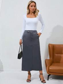 High Waist Slant Pocket Split Back Skirt - Grey - View 5