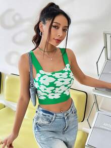 SHEIN Qutie Mô hình hoa Áo đan Crop - màu xanh lá - Xem 4