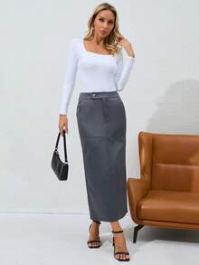 High Waist Slant Pocket Split Back Skirt - Grey - View 6