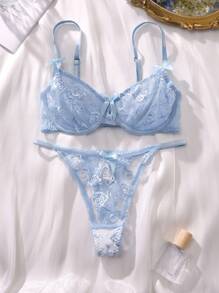 花卉蕾絲鋼圈內衣套裝 - 淺藍色 - 查看 4