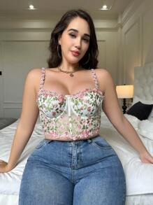 Plus Floral Embroidery Mesh Underwire Bra Lingerie - Multicolor - View 1