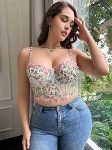 Plus Floral Embroidery Mesh Underwire Bra Lingerie - Multicolor - View 3