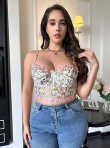 Plus Floral Embroidery Mesh Underwire Bra Lingerie - Multicolor - View 4