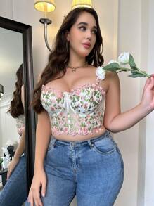 Plus Floral Embroidery Mesh Underwire Bra Lingerie - Multicolor - View 5