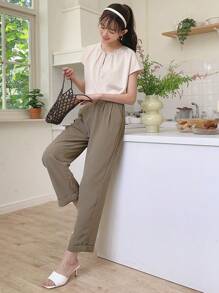 DAZY 高腰褶裥直筒西装裤商务装 - 咖啡棕 - 查看 8